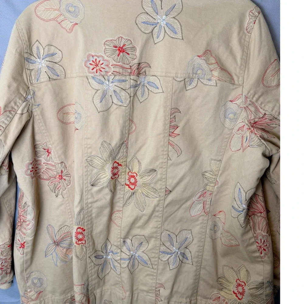 Susan Graver 1X Tan Floral Embroidered Jacket Cotton Blend Utility Plus Size - Picture 3 of 9